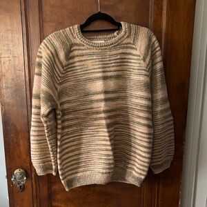 Hand Knitted Beige and Green Striped Sweater